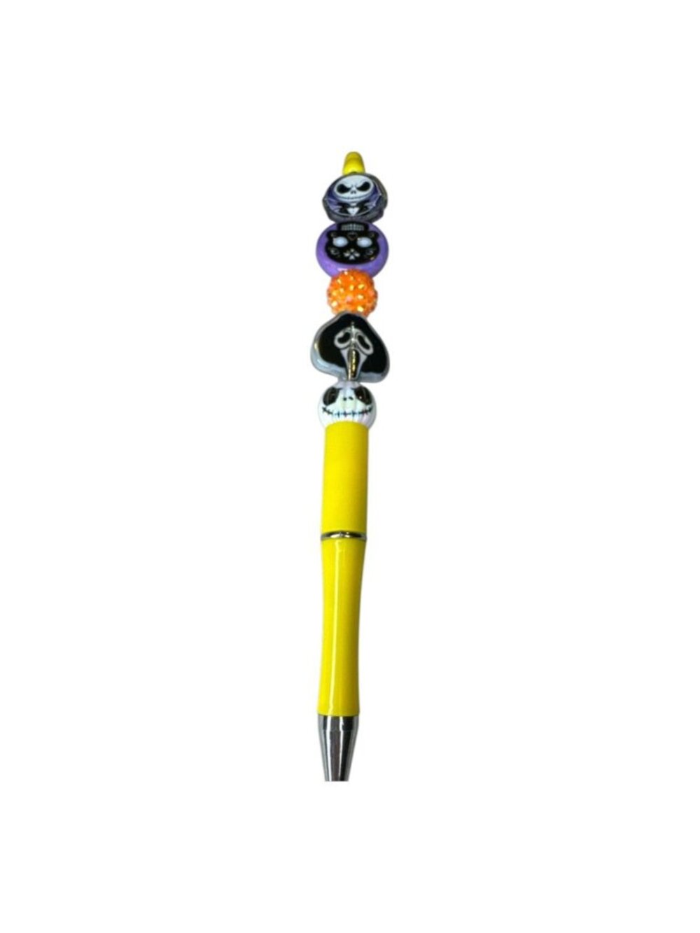 Halloween-Themed Beaded Pen With Yellow Barrel And Spooky Skull Cat & Ghost Deta